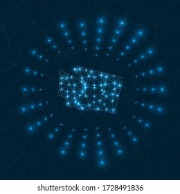 Washington digital map. Glowing rays radiating from the US state. Network connections and telecommunication design. Vector illustration.