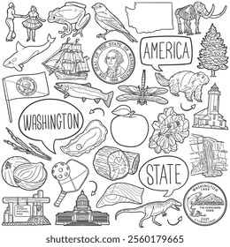 Washington Doodle Icons Black and White Line Art. USA State Clipart Hand Drawn Symbol Design.Illustrator Artwork.