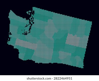 Washington dotted map. Digital style map of the state on dark background. Washington shape with square dots. Colored dots style. Small size squares. Artistic vector illustration.