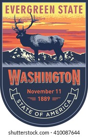 Washington, emblem of the U.S. state, Deer Roosevelt at sunset on a blue background