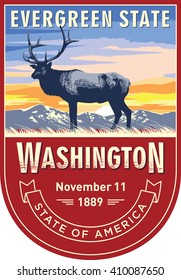 Washington, emblem of the U.S. state, Deer Roosevelt at dawn on a red background