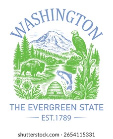 Washington The Evergreen State - Estados Unidos da América Cityscape T-shirt Vetor, Ícones americanos de referência, Vintage Estados Cityscape Camisa, Retro Travel City Art, Estados Landmark Quotes, Estado de férias Ilustração