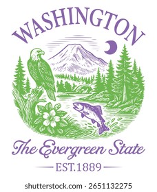 Washington The Evergreen State - US State Vintage T-shirt Vector, USA States Cityscape Landmark Icons, American State Typography Shirt, USA Skyline Clipart, Retro travel city illustration