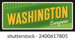 Washington evergreen USA state vintage sign, Olympia capital, Seattle city billboard or travel plate. Vector tourism banner, retro postcard. Vintage road sign, american Washington D.C. capital