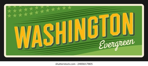 Washington evergreen USA state vintage sign, Olympia capital, Seattle city billboard or travel plate. Vector tourism banner, retro postcard. Vintage road sign, american Washington D.C. capital