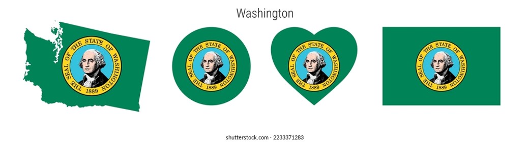 Washington flag icon set. American state pennant in official colors and proportions. Rectangular, map-shaped, circle and heart-shaped. Flat vector illustration isolated on white.