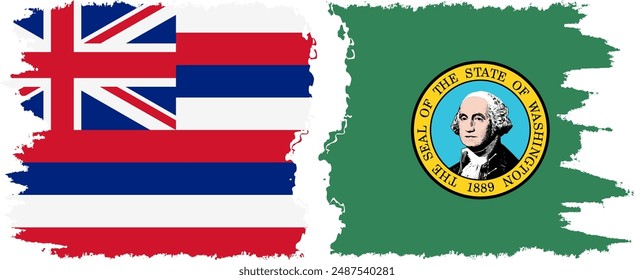 Washington and Hawaii states grunge brush flags connection, vector