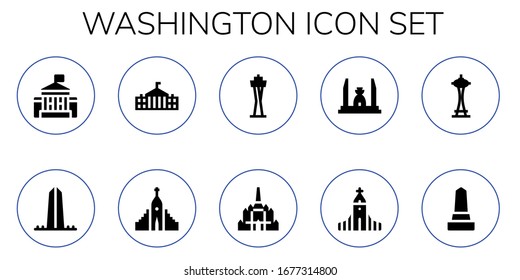 washington icon set. 10 filled washington icons.  Simple modern icons such as: White house, Washington, Hallgrimskirkja, Space needle, Thatbyinnyu temple, Democracy monument, Monument