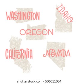 Washington, Idaho, Oregon, California, Nevada USA state outline art with custom lettering for prints and crafts. United states of America wall art of individual states