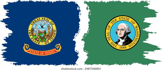 Washington and Idaho states grunge brush flags connection, vector