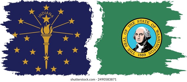 Washington and Indiana states grunge brush flags connection, vector