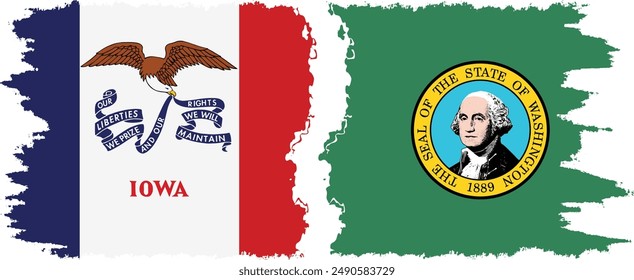 Washington and Iowa states grunge brush flags connection, vector