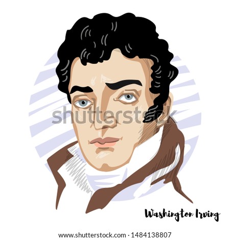 Washington Irving engraved vector portrait with ink contours. American short story writer, essayist, biographer, historian, and diplomat of the early 19th century.