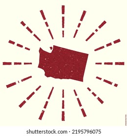 Washington Logo. Grunge sunburst poster with map of the US state. Shape of Washington filled with hex digits with sunburst rays around. Attractive vector illustration.