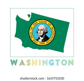 Washington logo. Map of Washington with US state name and flag. Cool vector illustration.