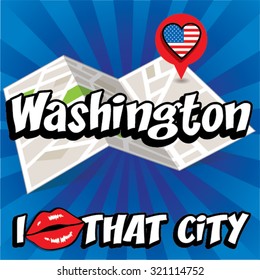 Washington. I Love That City. Vector Illustration with country flag.