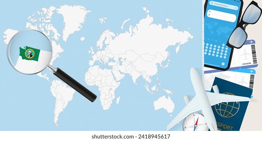 Washington is magnified over a World Map, illustration with airplane, passport, boarding pass, compass and eyeglasses. Vector illustration.