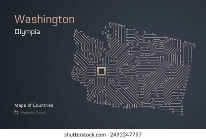 Washington Map with a capital of Olympia Shown in a Microchip Pattern. E-government. United States vector maps. Microchip Series	