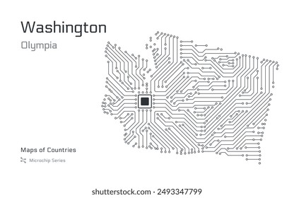 Washington Map with a capital of Olympia Shown in a Microchip Pattern. E-government. United States vector maps. Microchip Series	