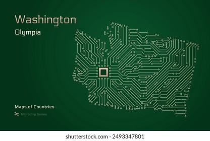 Washington Map with a capital of Olympia Shown in a Microchip Pattern. E-government. United States vector maps. Microchip Series	