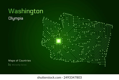 Washington Map with a capital of Olympia Shown in a Microchip Pattern. E-government. United States vector maps. Microchip Series	