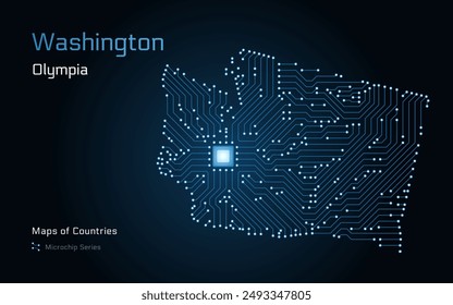 Washington Map with a capital of Olympia Shown in a Microchip Pattern. E-government. United States vector maps. Microchip Series	