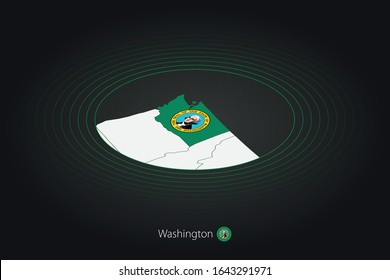 Washington map in dark color, oval map with neighboring US states. Vector map and flag of US state Washington