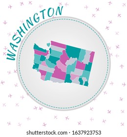 Washington map design. Map of the US state with regions in emerald-amethyst color palette. Rounded travel to Washington poster with US state name and airplanes background.
