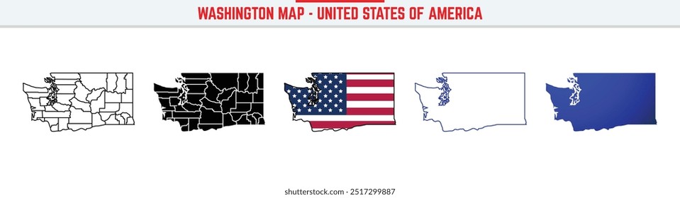 Mapa de Washington com ícone de traçado editável. Ícone de linha fina do estado de Washington, ilustração do vetor do mapa de Washington, mapa de vetor da silhueta de Washington,