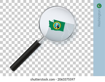 Washington map with flag in magnifying glass on transparent background. Vector loupe with map.