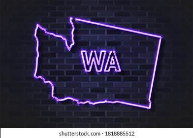 Mapa de Washington de luz de neón brillante o tubo de vidrio. Ilustración vectorial realista. Muro de ladrillo negro, sombra suave.