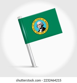 Washington map pin flag icon. Pennant map marker on a metal needle. 3D realistic vector illustration.