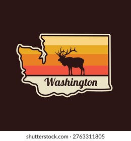 Washington Map State with Moose Silhouette in Sunset Perfect for Print, Apparel, etc