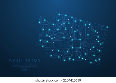 Washington Map - United States of America Map vector with Abstract futuristic circuit board. High-tech technology mash line and point scales on dark background - Vector illustration ep 10 
