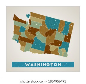 Washington map. US state poster with regions. Old grunge texture. Shape of Washington with US state name. Vibrant vector illustration.