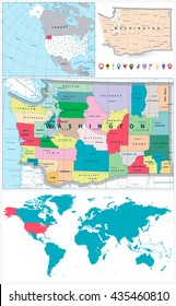 Washington map, USA, North America, World map navigation set.