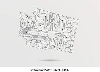 Washington Map - USA, United States of America Map Vector with futuristic circuit board Illustration or High-tech technology mash line and point scales on white background - Vector illustration ep 10