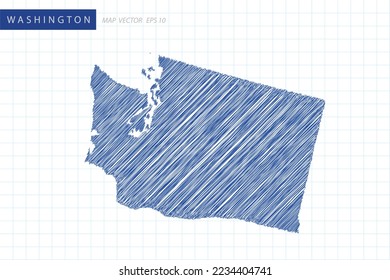 Washington Map - USA, United States of America Map vector template with blue outline graphic and pen drawing sketch style isolated on white grid background for design - Vector illustration eps 10