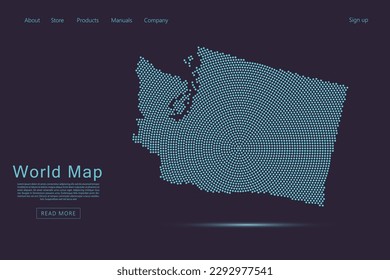 Washington Map - USA, United States of America Map with blue dots, grid, grunge, halftone style isolated on dark purple background for website, technology design - Vector illustration eps 10