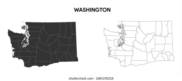 Washington Map Vector - Blank Map of Washington With Regions Counties Border Boundaries Black Silhouette and Outline Isolated on White