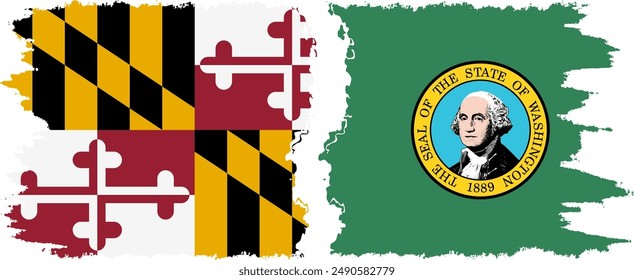 Washington and Maryland states grunge brush flags connection, vector