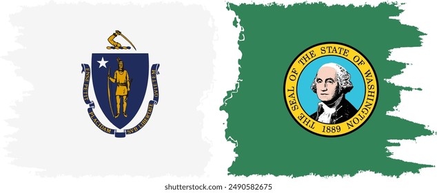 Washington and Massachusetts states grunge brush flags connection, vector