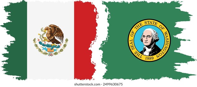 Washington and Mexico grunge brush flags connection, vector