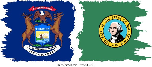 Washington and Michigan states grunge brush flags connection, vector