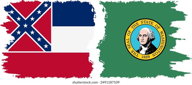 Washington and Mississippi states grunge brush flags connection, vector