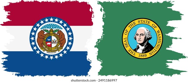 Washington and Missouri states grunge brush flags connection, vector