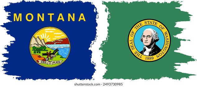 Washington and Montana states grunge brush flags connection, vector