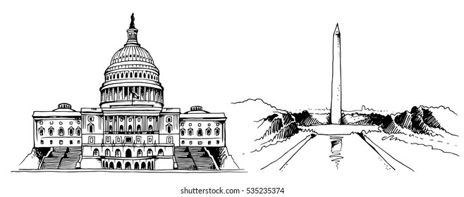 Washington Monument And Capitol Building In United States, DC Landmarks, Vector Illustration Isolated On White Background