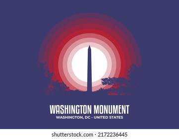 Washington Monument illustration. Moonlight symbol of famous statue and building in United States. Color tone based on official country flag. Vector eps 10.