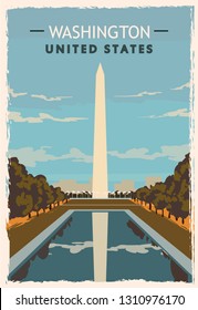 Washington monument retro poster. USA Washington  travel illustration. United States of America greeting card. vector illustration.